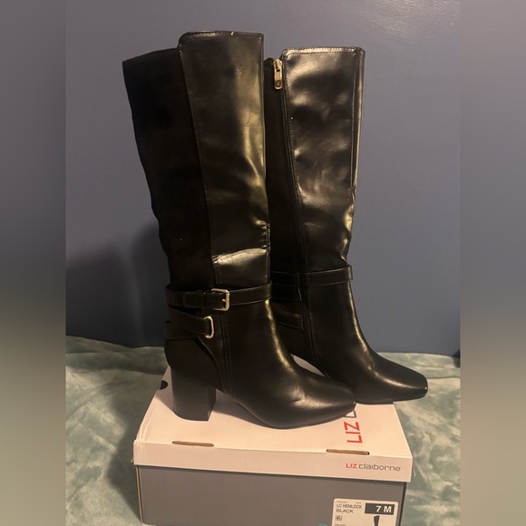 NWT and box Liz Claiborne LC Hemlock tall boots. Black. 7 medium memory foam - Picture 1 of 7